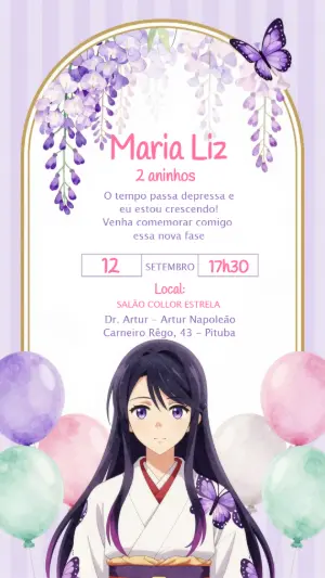 Convite Digital Aniversário Menina Anime Lilás Editável