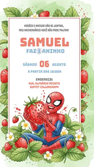 Convite Aniversário Homem Aranha e Morango para Editar Online