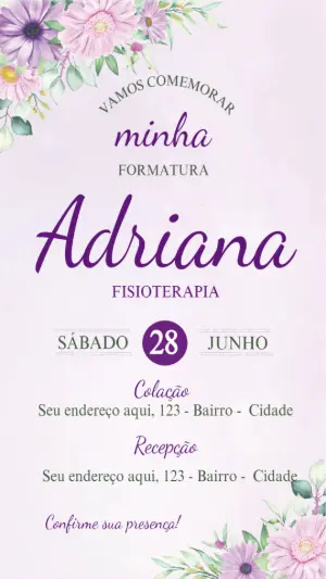 Convite de Formatura Fisioterapia Floral Lilás para Editar Online