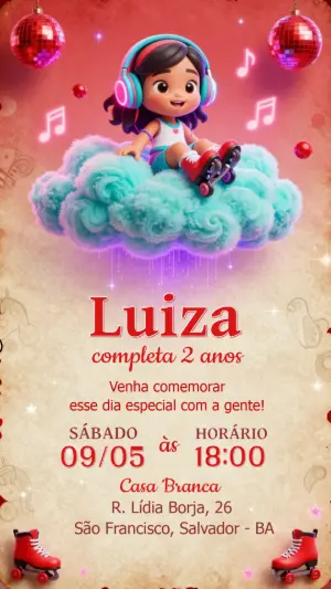Convite de Aniversário Patins Musical 3D Menina para Editar