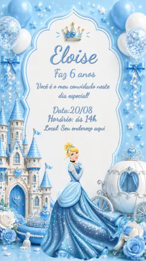 Convite de Aniversário Cinderela Digital para Editar Online