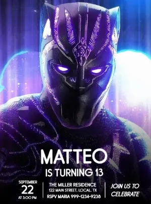 Editable Black Panther Birthday Invitation with Neon Style