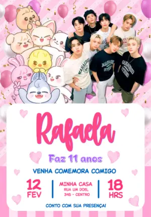 Convite de Aniversário Stray Kids K-pop Rosa para Editar