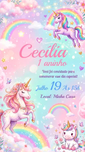 Convite de Aniversário Unicórnio Mágico Colorido para Editar