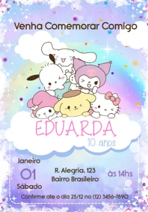 Convite de Aniversário Hello Kitty e Amigos Fofo para Editar