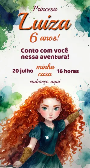 Convite Aniversário Princesa Valente Aquarela Editável