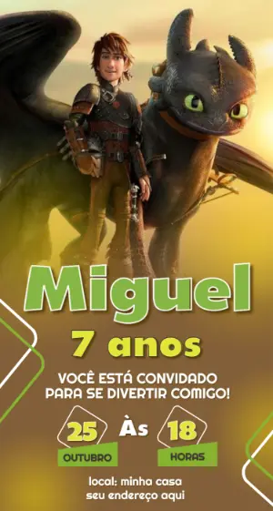Convite de Aniversário Como Treinar Seu Dragão Editável