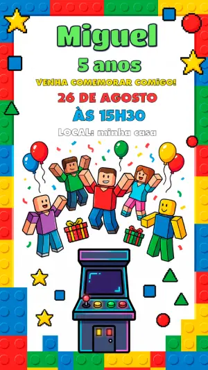 Convite de Aniversário Lego Roblox Editável