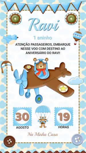 Convite Animado Aniversário Ursinho Aviador para Editar