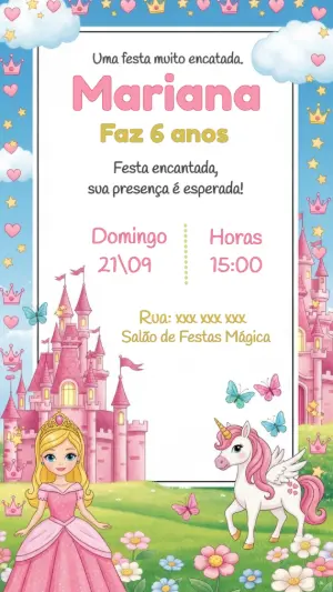 Convite Aniversário Princesa e Unicórnio para Editar Online