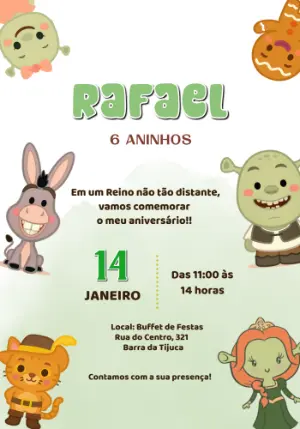 Convite Digital Infantil Tema Shrek e Amigos Editável