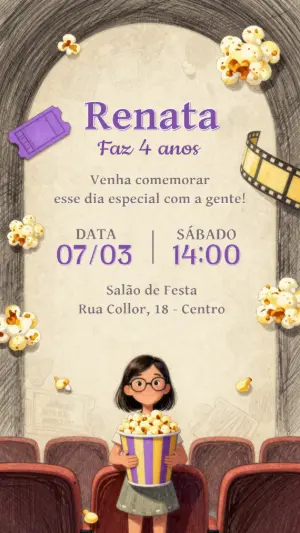 Convite de Aniversário Infantil Tema Cinema Digital para Editar