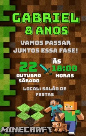 Convite de Aniversário Minecraft Pixelado para Editar Online