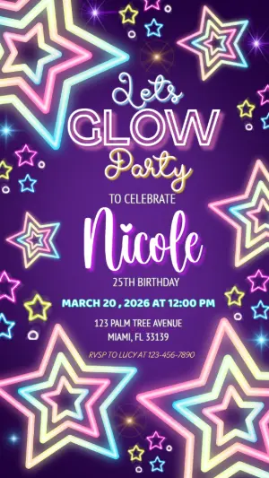 Glow Party Birthday Invitation Editable Template