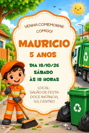 Convite de Aniversário Gari e Caminhão de Lixo Editável