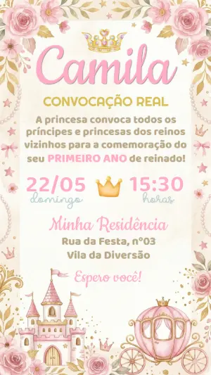 Convite Digital Realeza Rosa e Dourado para Editar