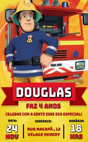 Convite de Aniversário Bombeiro Sam para Editar Online
