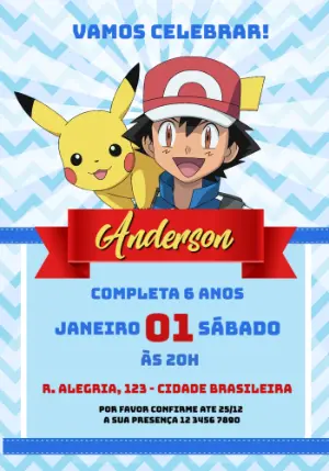 Convite de Aniversário Pokémon com Ash e Pikachu para editar