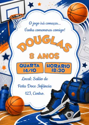 Convite de Aniversário Basquete Azul e Laranja para Editar
