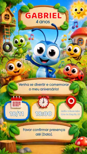 Convite de Aniversário Bob Zoom e Turma Editável para Festa Infantil