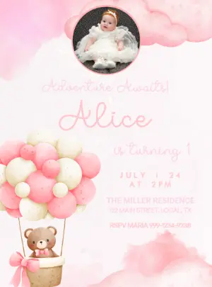 Editable Teddy Bear Hot Air Balloon Birthday Invitation