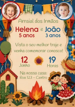 Convite de Aniversário Festa Junina com Foto Editável
