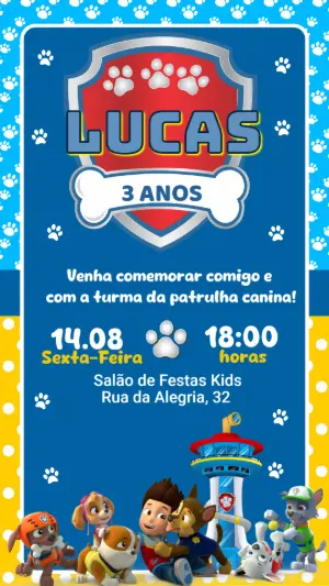 Convite Animado Aniversário Patrulha Canina para Editar