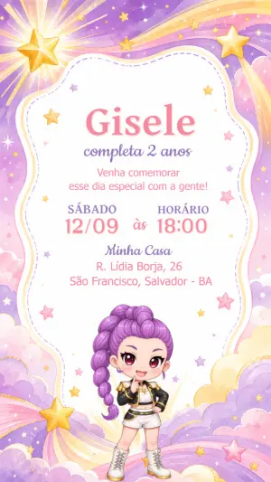 Convite de Aniversário Guerreira K-pop Editável para Enviar
