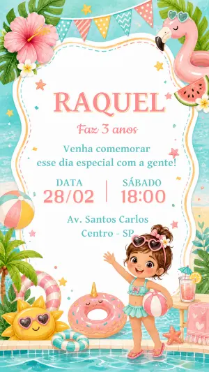 Convite Digital Festa na Piscina para Aniversário de Menina