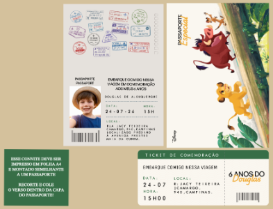 Convite Passaporte Rei Leão para Aniversário Infantil Editável