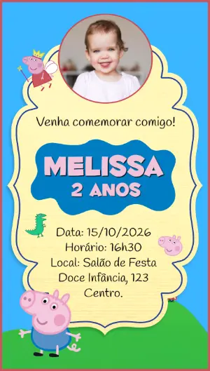 Convite de Aniversário Peppa Pig com Foto Modelo Editável
