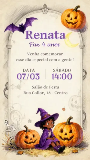 Convite de Aniversário Halloween com Bruxinha Fofa Editável
