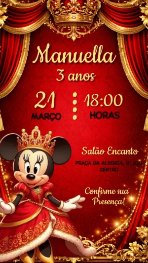 Convite Aniversário Minnie Realeza Vermelho e Dourado Editável