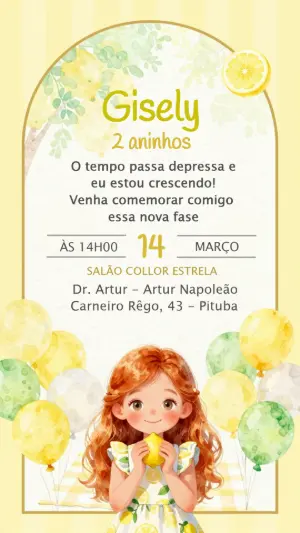 Convite de Aniversário Limão Siciliano Aquarela Editável