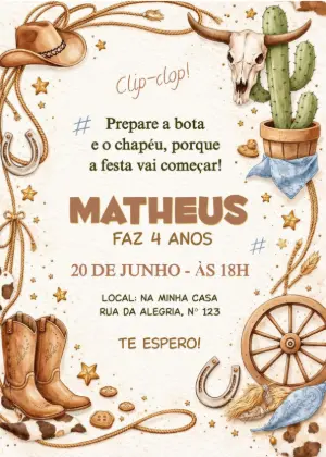 Convite de Aniversário Cowboy Editável Estilo Rústico