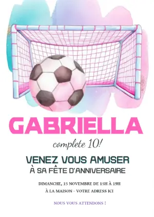 Invitation Anniversaire Foot Fille Aquarelle Rose Modèle à Modifier
