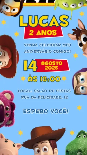 Convite Aniversário Toy Story com Personagens para Editar Online
