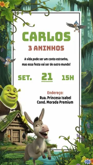 Convite de Aniversário Shrek com Personagens para Editar
