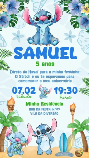Convite de Aniversário Stitch Tropical para Editar Online