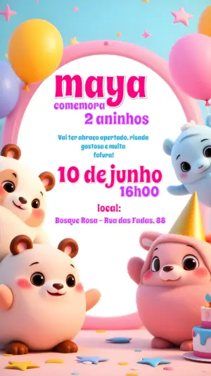 Convite de Aniversário Ursinhos Fofinhos para Editar Online