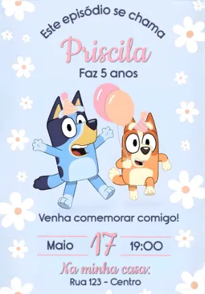 Convite de Aniversário Bluey e Bingo Menina Editável