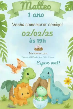 Convite Aniversário Dinossauro Baby para Editar Online