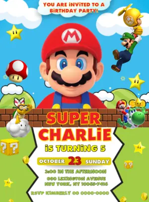 Super Mario Birthday Invitation with Characters to Edit