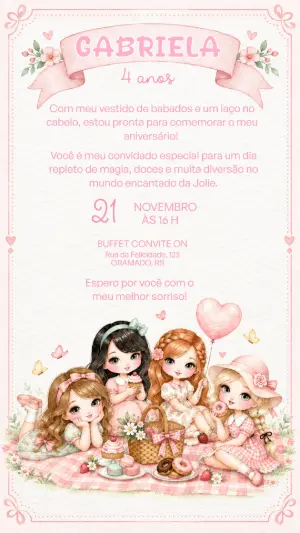 Convite de Aniversário Boneca Jolie Piquenique Editável
