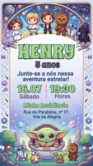 Convite de Aniversário Star Wars Fofo com Baby Yoda Editável