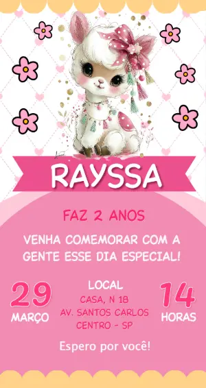 Convite de Aniversário Lhama Fofa Rosa e Dourado para Editar