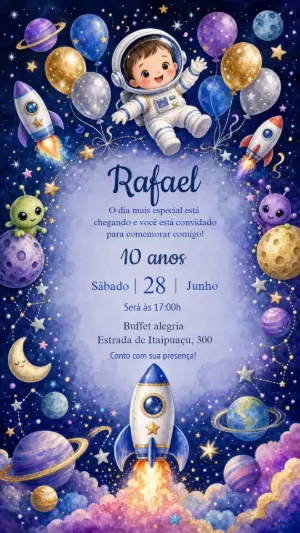Convite de Aniversário Espacial com Astronauta Fofo Editável