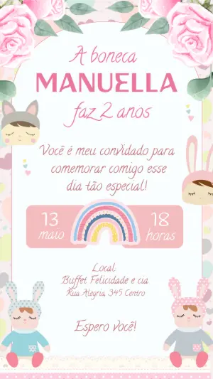 Convite Aniversário Boneca Metoo para Editar Online