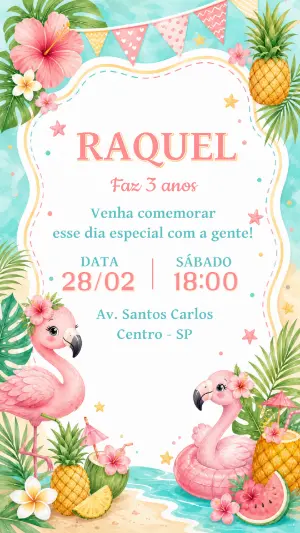Convite de Aniversário Flamingo Tropical para Editar