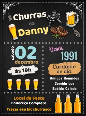 Convite de Aniversário Churrasco Estilo Lousa para Editar